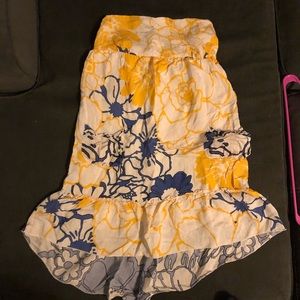 Yellow cream and blue high low strapless dress